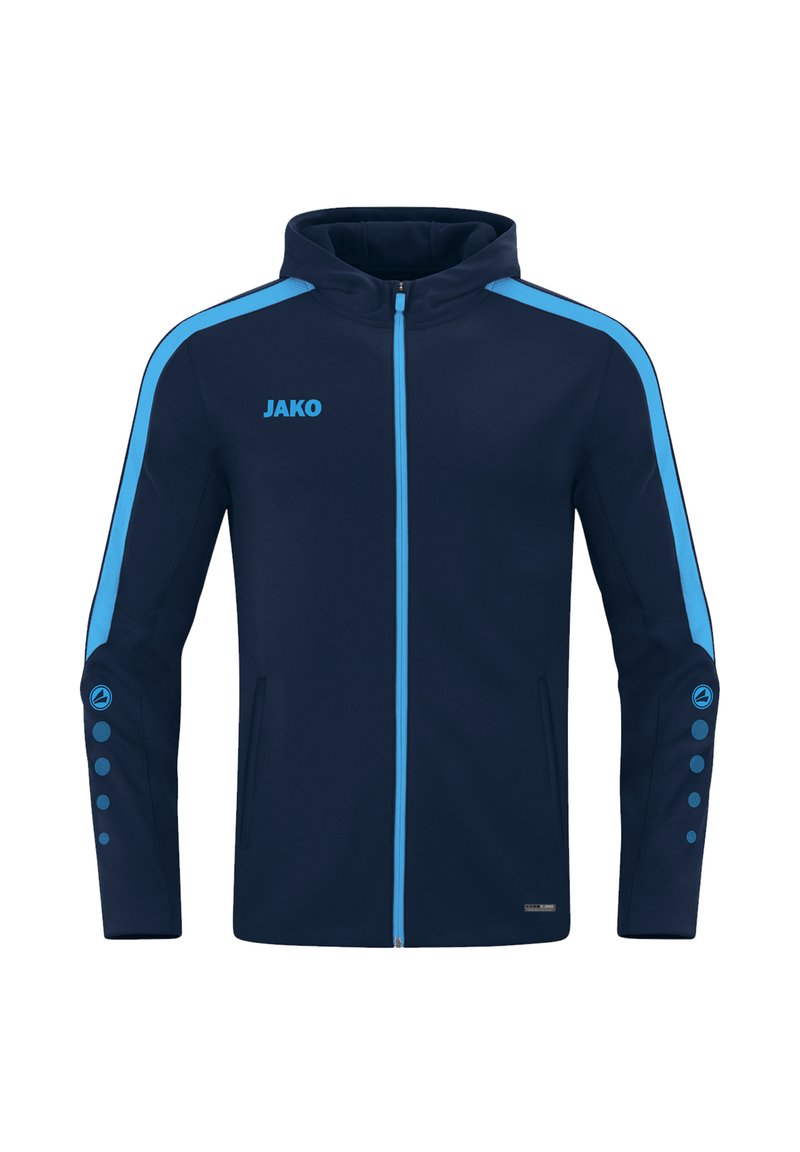 Marineblaues Kapuzensakko mit hellblauen Akzenten. Verfügbar mit durchgehendem Reißverschluss, Seitentaschen und Knopfdetails an den Ärmeln. Aus glattem Stoff gefertigt.