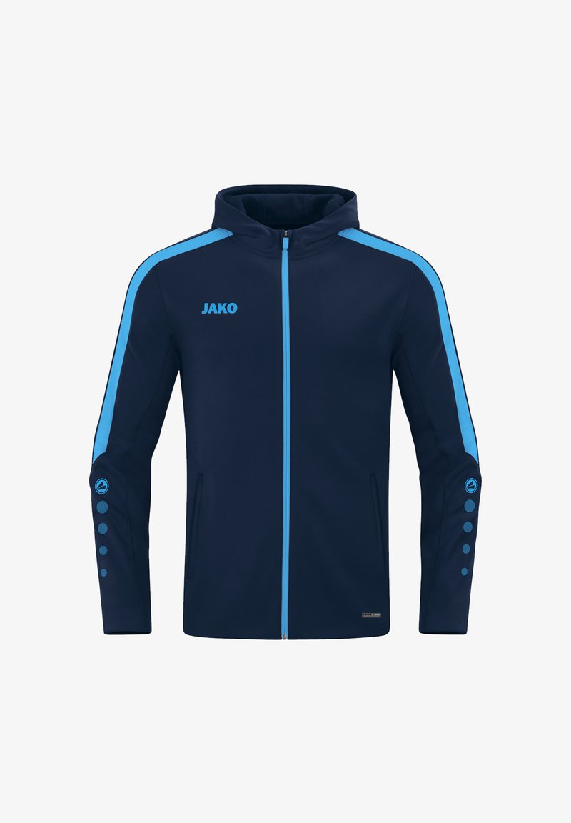 Marineblaues Kapuzensakko mit hellblauen Akzenten. Verfügbar mit durchgehendem Reißverschluss, Seitentaschen und Knopfdetails an den Ärmeln. Aus glattem Stoff gefertigt.