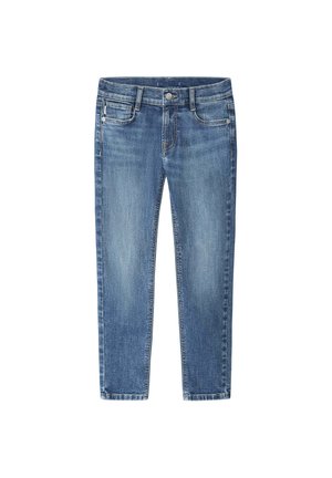 Vaqueros de mezclilla, de color azul claro, diseño ajustado. Estilo de cinco bolsillos con cierre de botón. Textura suave con un desgastado mínimo. Corte recto.