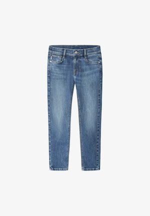 Denim bikses, gaiši zilas, pieguļošs dizains. Piecu kabatu stils ar pogu aizdari. Gluda tekstūra ar minimālu izbalēšanu. Taisna kāju nogriezums.