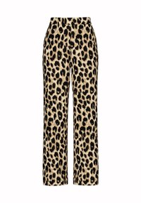 Kalhoty s leopardím vzorem v béžovo-černé barevné kombinaci, s širokým stříháním a hladkým povrchem. Elastický pas pro pohodlí.