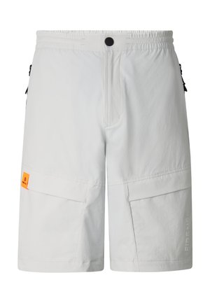 White men's cargo shorts with elastic waistband, black button, side zipper pockets, and an orange logo patch on left pocket.
