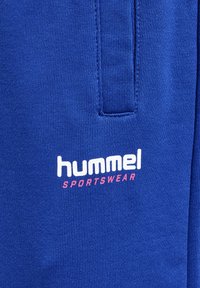 Königsblåa träningsbyxor av mjukt, texturerat material. Har en vit "hummel"-logotyp och rosa "SPORTSWEAR"-text broderad.