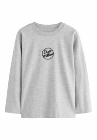 Graues Langarmshirt aus einem Baumwollmischgewebe mit einem runden, schwarz gestickten Logo, das auf der Brust "Skate of Mind" liest.