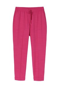 Růžové tepláky s váhou na stahování, dvěma bočními kapsami, zúženými nohavicemi a texturovaným povrchem. Manžety jsou ohrnuté na lemu.