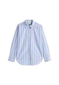 Lyseblå stribede skjorte med knapper, krave, lange ærmer og afrundet kant. Stoffet ser glat ud med klassiske hvide knapper.