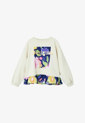 Jasno beżowy sweter z prostokątnym kwiatowym nadrukiem w intensywnych kolorach, z falbaniastym granatowym dołem i haftowanym logo "Desigual".