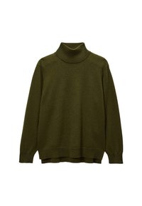Pull à col roulé vert olive, fabriqué en doux tissu tricoté, avec une coupe décontractée, des manches longues et des poignets et un ourlet côtelés.