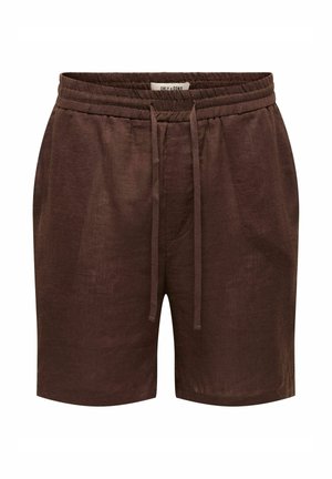 Brązowe casualowe spodenki z elastycznym pasem i regulowanym sznurkiem, wykonane z lekkiego materiału.