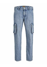 Light blue denim cargo pants with straight legs, two side pockets, and a button closure at the waist. Textured fabric with a faded finish.