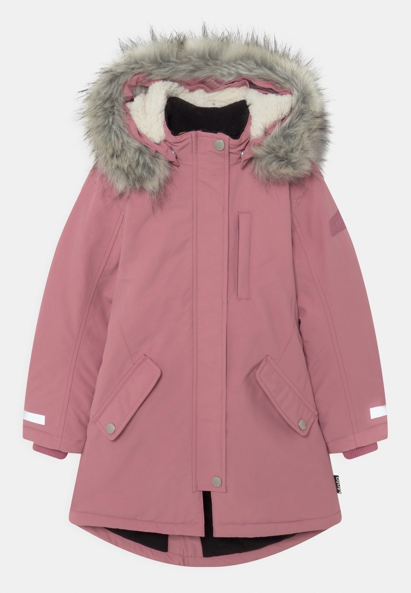 Parka rose avec capuche en fourrure, deux poches avant et une ouverture zippée. Comprend des accents réfléchissants et une doublure douce.