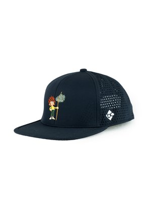 Black baseball cap with perforated sides featuring embroidered cartoon character holding a butterfly net on the front panel.