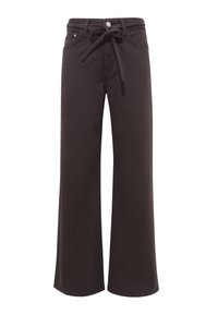Wide-leg pants in dark brown cotton fabric, features a tie waist, front pockets, and a clean, simple design with a smooth texture.