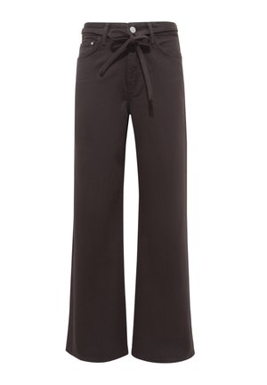Wide-leg pants in dark brown cotton fabric, features a tie waist, front pockets, and a clean, simple design with a smooth texture.