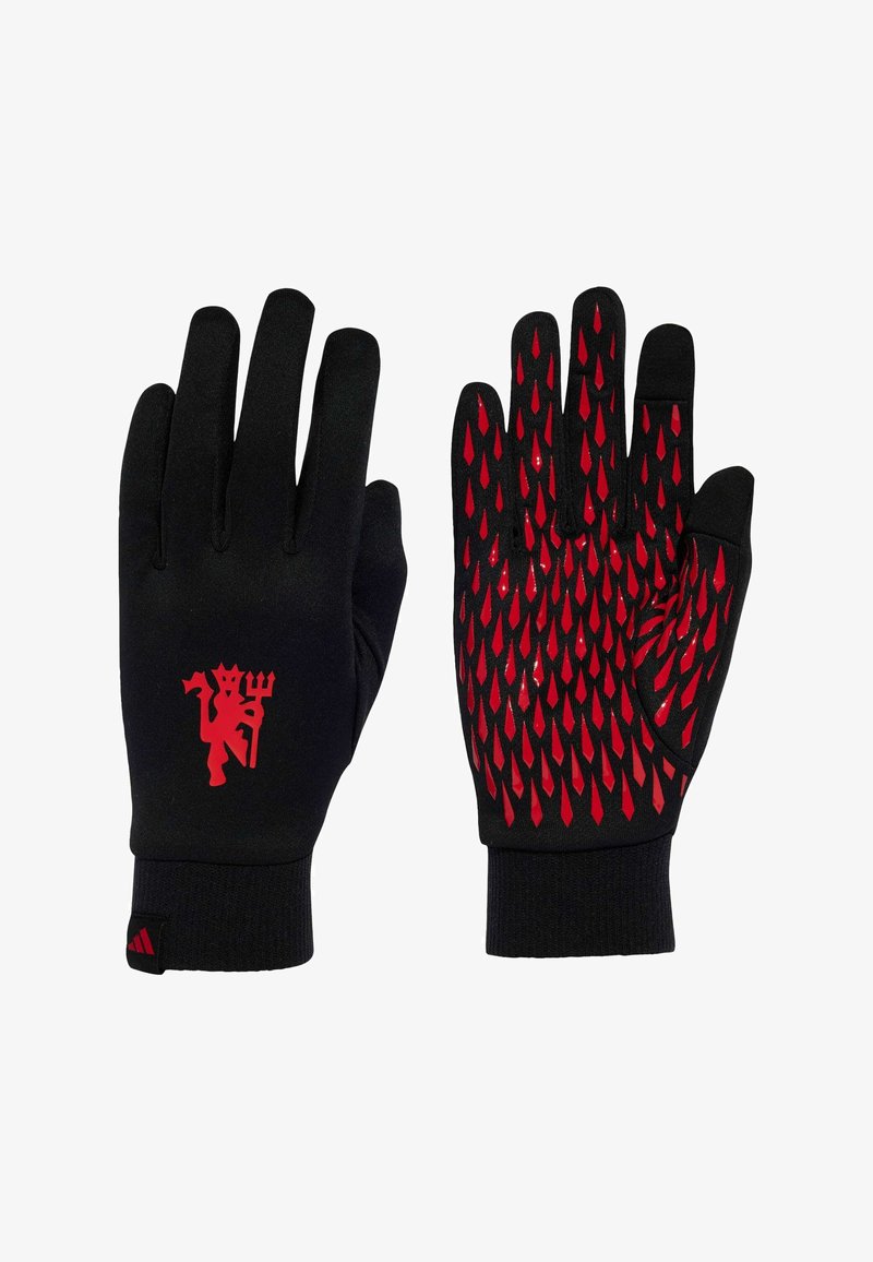 Fekete kesztyű piros ördöglogóval a csuklón, textúrázott tenyérrel, amely piros esőcsepp mintázattal rendelkezik. Rugalmas anyagból készült.