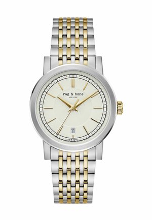Montre-bracelet en métal argenté et doré avec cadran blanc, index et aiguilles dorés, fenêtre de date à 6 heures et logo « rag & bone ».