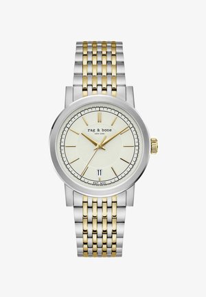 Silberne und goldene Metallarmbanduhr mit weißem Zifferblatt, goldfarbenen Stundenmarkierungen und Zeigern, Datumsanzeige bei 6 Uhr und dem "rag & bone" Logo.