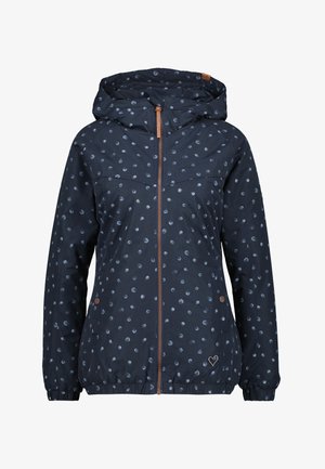 Veste bleu marine avec capuche, ornée d'un motif de taches claires. Elle a une fermeture éclair à l'avant avec un matériel en bronze et des poignets élastiques à la taille.
