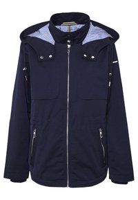 Marinejacke mit einem Reißverschluss vorne, zwei seitlichen Reißverschlusstaschen und zwei Brusttaschen. Mit gestreiftem Innenfutter und Druckknöpfen am Kragen.