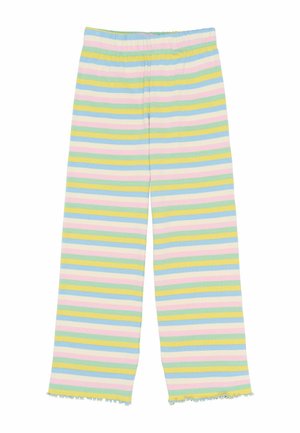 Csíkos, bő szárú nadrág világoskék, zöld, rózsaszín és sárga színekben. Ribbelt textura, francia szegéllyel és gumis derékkal.