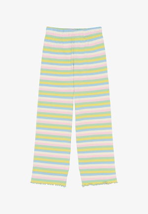 Triibulised laiade jalgade püksid helesinisest, rohelisest, roosast ja kollasest. Ribakujuline tekstuur, lõhkemisserv ja elastne vöökoht.