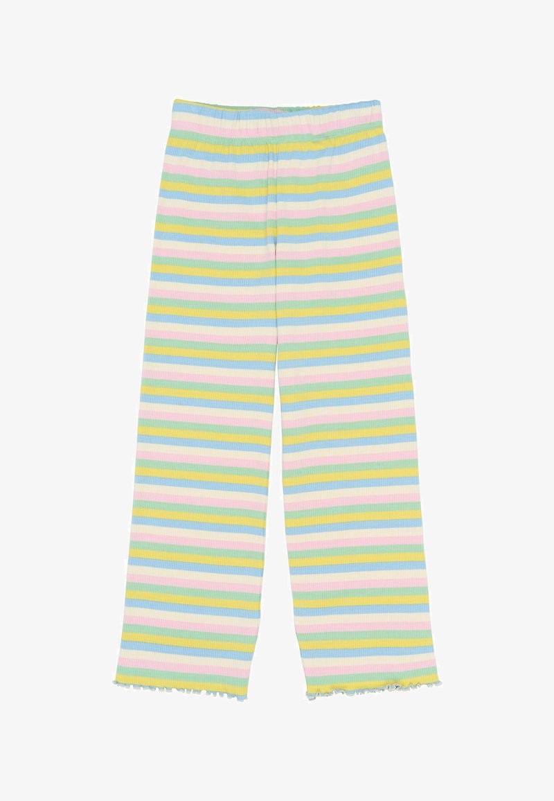 Pantalones anchos a rayas en azul claro, verde, rosa y amarillo. Textura acanalada con dobladillo deshilachado y cintura elástica.