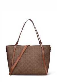 Bruine handtas met patroon en dubbele bruine schouderbanden, aangevuld met een lange verstelbare riem. Heeft een zachte textuur en een geometrisch ontwerp.