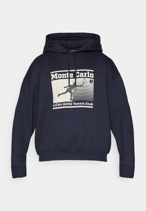 Navyblauwe hooded sweatshirt met een grafische print met de tekst "Monte Carlo", een silhouet van een tennisser en strepen. Zachte stof.