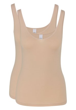 Beige Spaghetti-Top Tanks im Doppelpack, aus glattem Stoff gefertigt, mit dünnen Schulterträgern und Rundhalsausschnitt.