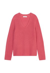 Pull en laine rose avec un décolleté en V profond, manches longues et texture côtelée. Design simple, sans motifs ni accents.