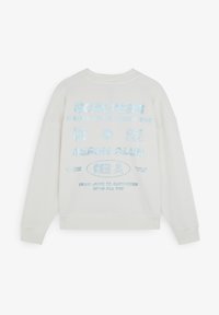 Witte sweatshirt met een relaxte pasvorm, voorzien van blauwe bedrukte tekst en graphics op de achterkant, inclusief "SCALPERS" en "BEACH CLUB."