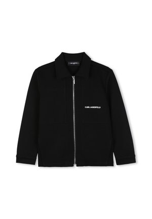 Veste noire zippée avec un col et le logo "KARL LAGERFELD" sur la poitrine gauche, avec manches longues et poches avant.