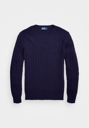 Pulover navy de malha trançada com decote redondo e punhos e bainha com acabamento em canelado. Feito com um tecido macio e texturizado. Forma clássica e ajustada.