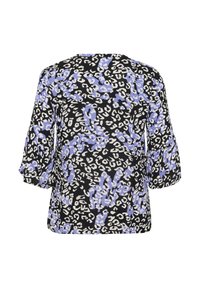 Trykt bluse med en sort bund og et lilla og hvidt leopardmønster, løs pasform og trekvartærmer. Struktureret stof.