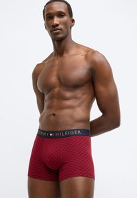 Rote, kariert Boxershorts mit einem dunkelblauen Bund, auf dem "TOMMY HILFIGER" in Gold steht. Elastisches Material, eng anliegendes Design, mittlere Oberschenkel-Länge.