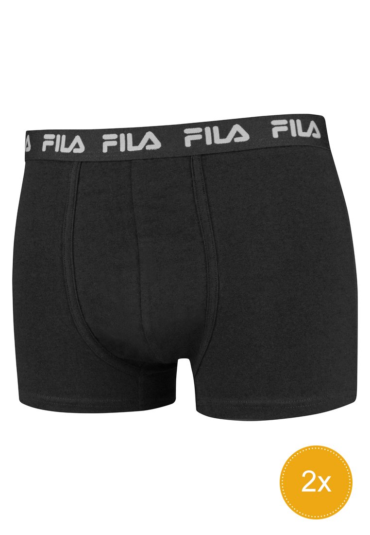 Boxers en coton noirs avec une ceinture élastique douce portant le logo FILA en gris contrastant. Texture lisse, coupe ajustée.