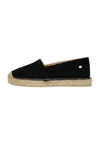 Espadrillas nere in suede con punta arrotondata, dettagli in corda di juta lungo la suola e un piccolo accento metallico di lato.