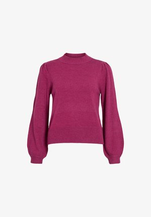 Pull en tricot fuchsia avec un col montant, des manches bouffantes, et un ourlet côtelé. Texture lisse avec une silhouette ajustée et des détails de conception subtils.