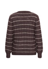 Pull marron tricoté avec des rayures blanches horizontales et un motif torsadé, manches longues, poignets et col côtelés, vu de dos.