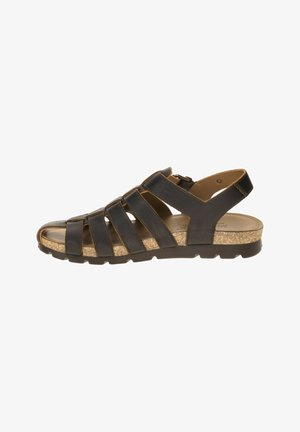 Sandalia de pescador de cuero marrón oscuro para hombre con múltiples correas, hebilla ajustable, plantilla con textura de corcho y suela exterior de goma negra.