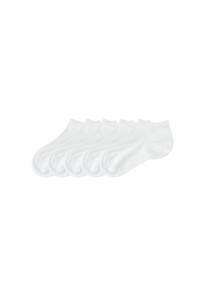 Weiße Baumwollknöchelsocken, sechs Paare, mit gerippten Bündchen und glatter Textur. Entworfen für Komfort mit einer runden Zehenform und nahtloser Verarbeitung.