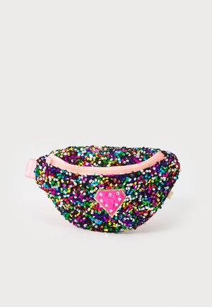 Heuptas met meerkleurige pailletten, zwarte basis, roze rits en een roze diamantvormige accent. Compact en ronde vormgeving.