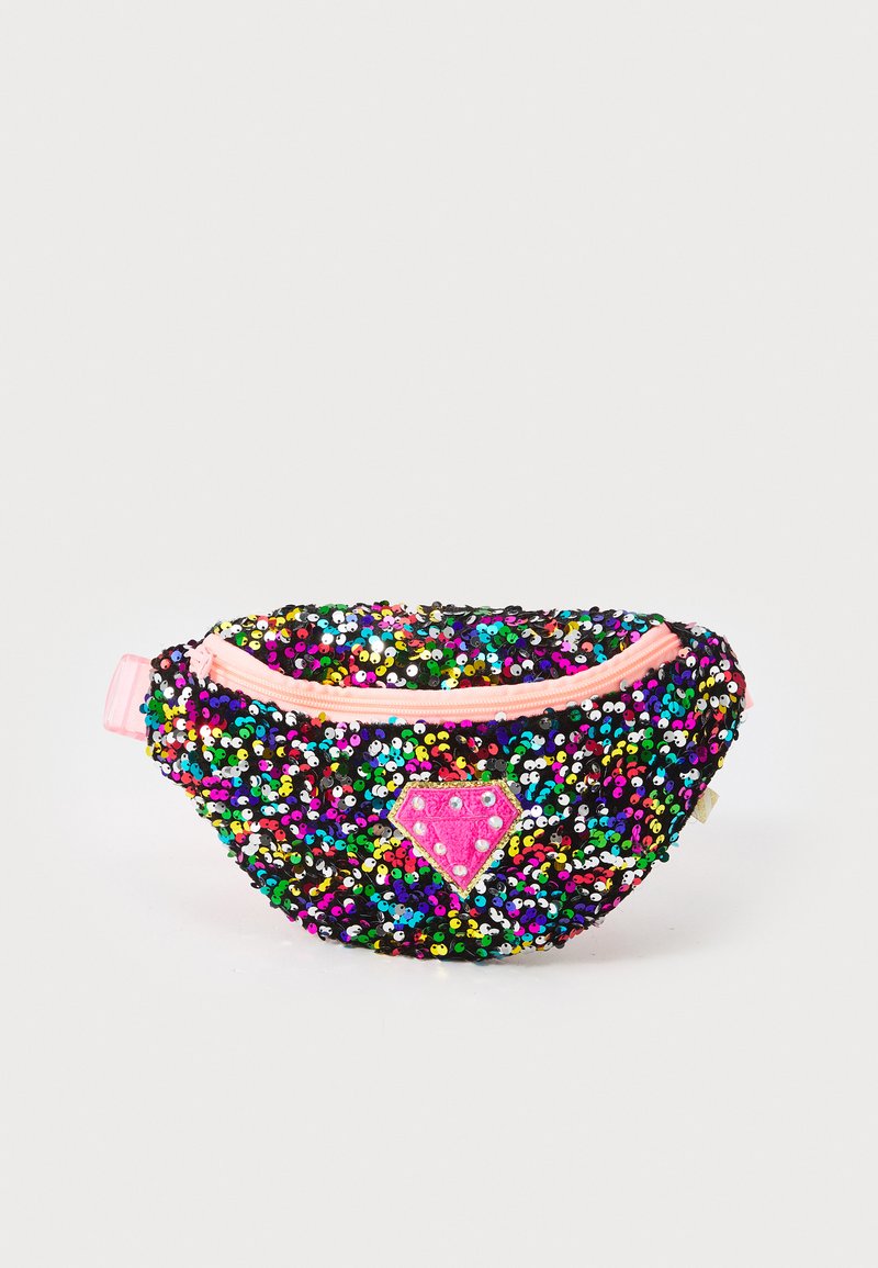 Τσάντα μέσης με πολύχρωμες παγιέτες, μαύρη βάση, ροζ φερμουάρ και ροζ διαμαντένιο διακοσμητικό. Συμπαγής και στρογγυλεμένος σχεδιασμός.