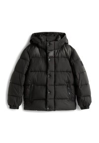 Chaqueta de plumas negra con capucha, botones a presión, diseño acolchado y bolsillos laterales con cremallera. Fabricada con material suave y aislante.