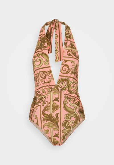 One-piece swimsuit in pink with a brown ornate pattern. Features a deep V-neck, halter straps, and gathered side detailing.
