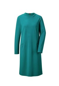 Türkisfarbenes Kleid mit langen Ärmeln und hohem Kragen, zwei Fronttaschen und geradem Schnitt. Hergestellt aus glattem Stoff mit einer dezenten Textur.