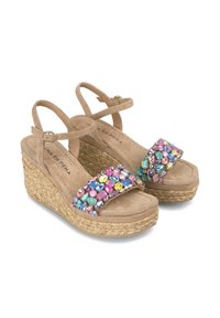 Beige wedge sandals with a jute sole, featuring a broad strap adorned with colorful artificial gems in pink, blue, green, and yellow.