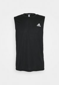 Maglietta sportiva nera senza maniche Adidas con scollo rotondo e logo bianco sul lato sinistro del petto, mostrata su uno sfondo chiaro e uniforme.