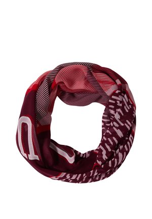 Looped infinity scarf with red, burgundy, and white abstract patterns and striped accents on a white background.