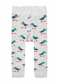 Graue Leggings mit einem wiederholten Muster von bunten Enten mit grünen Köpfen, blauen Körpern und orangen Füßen. Weicher, texturierter Stoff.